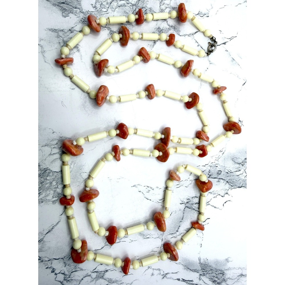 Long‎ Earth Tone Chunky Bead Necklace Cream Rust Orange 46"